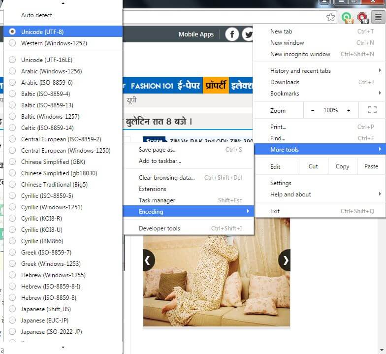 Setting Character Encoding in Google chrome for Telugu