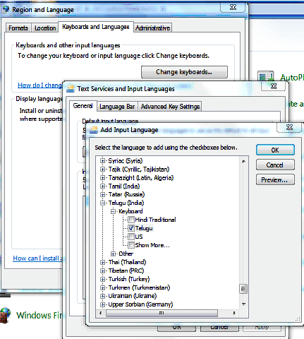 Telugu enable Inscript keyboard windows 7