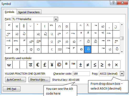 Alt code for Telugu